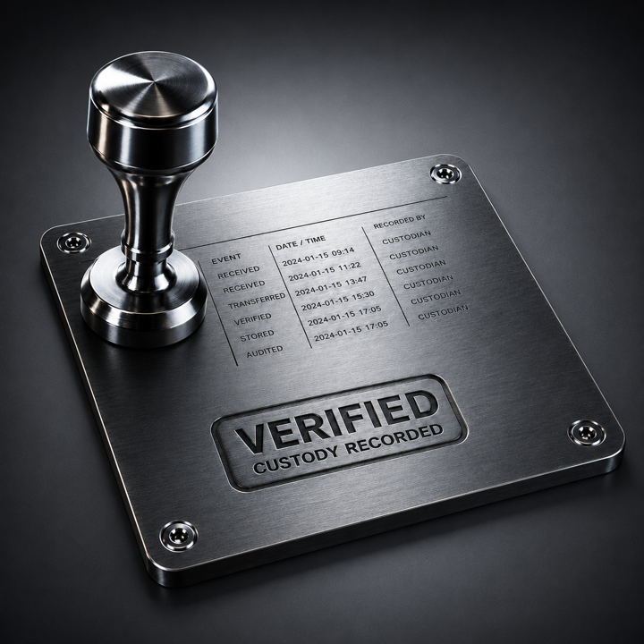 Verified custody record stamp on metal plate