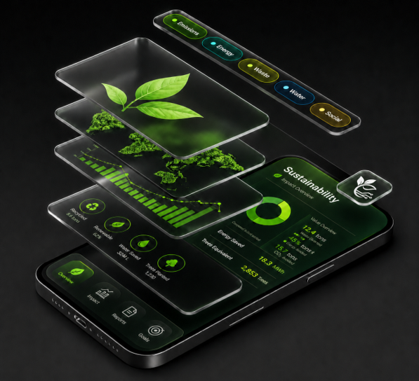Sustainability reporting dashboard showing environmental, recycling, energy, waste, and emissions metrics